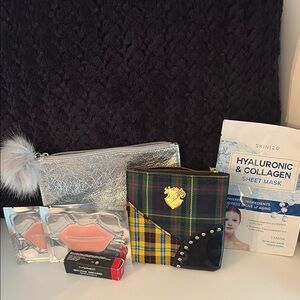 Silver and Plaid Mac Cosmetic Bag Set with extras. All new